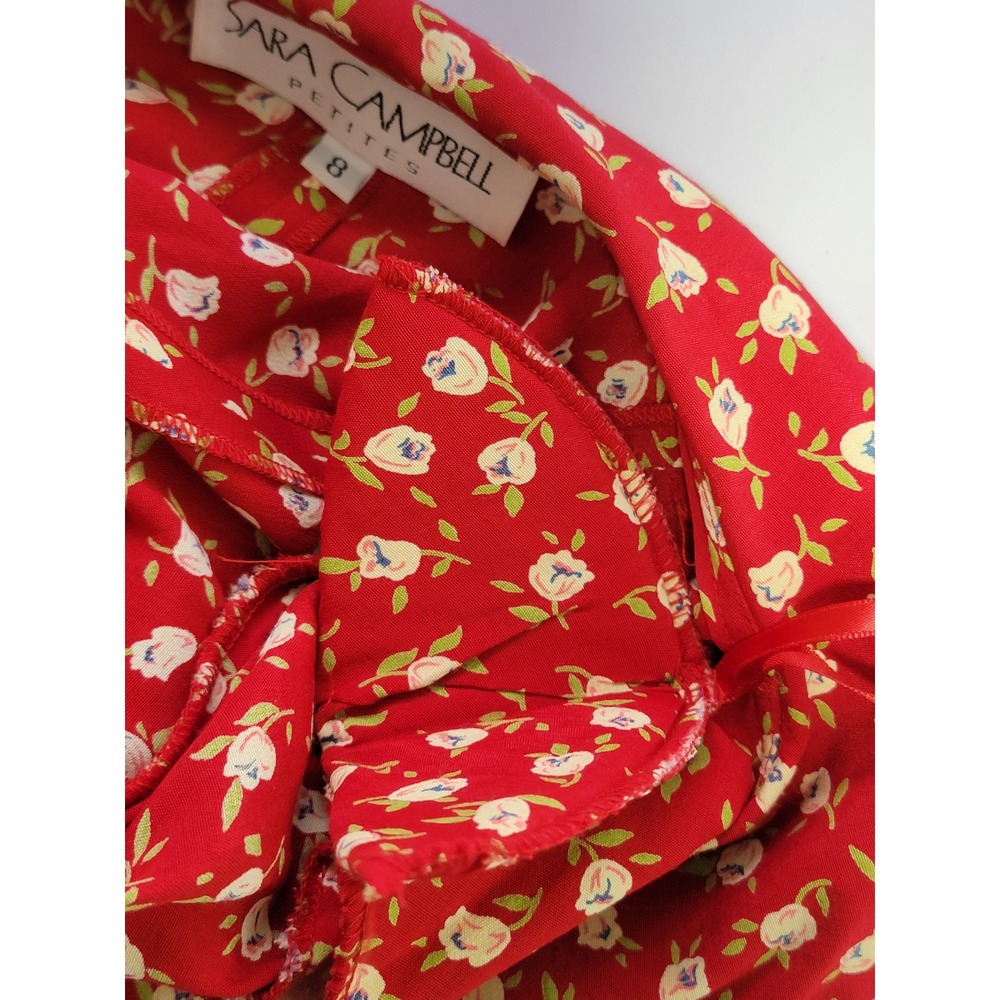 Vintage Sara Campbell Red Floral Midi Dress Petite 8P Button Front Rayon - Picture 10 of 14
